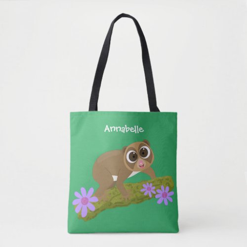 Cute happy slow loris on branch cartoon tote bag