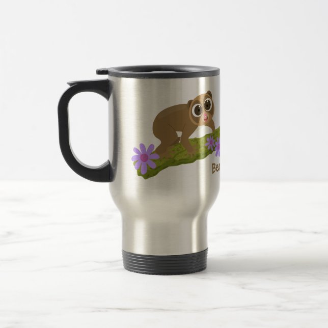 Cute happy slow loris on branch cartoon travel mug (Left)