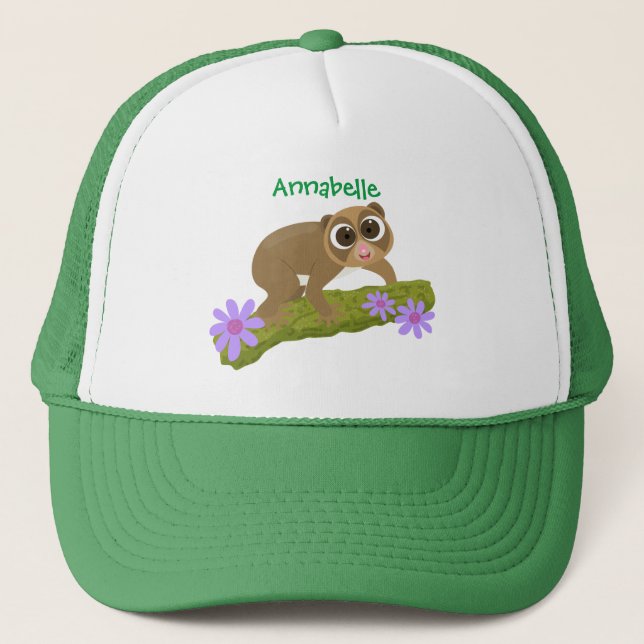 Cute happy slow loris on branch cartoon trucker hat (Front)