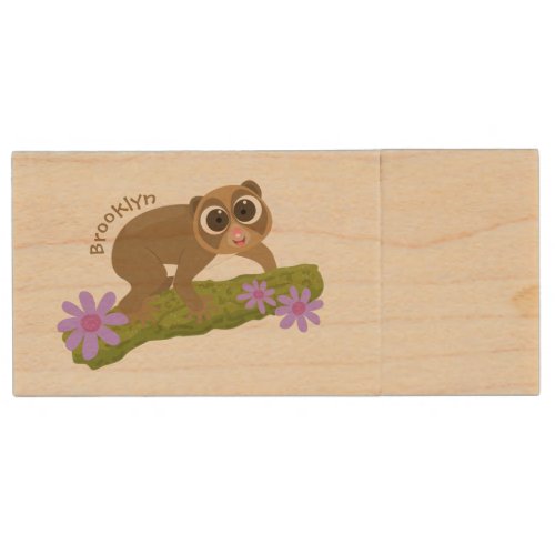 Cute happy slow loris on branch cartoon wood flash drive