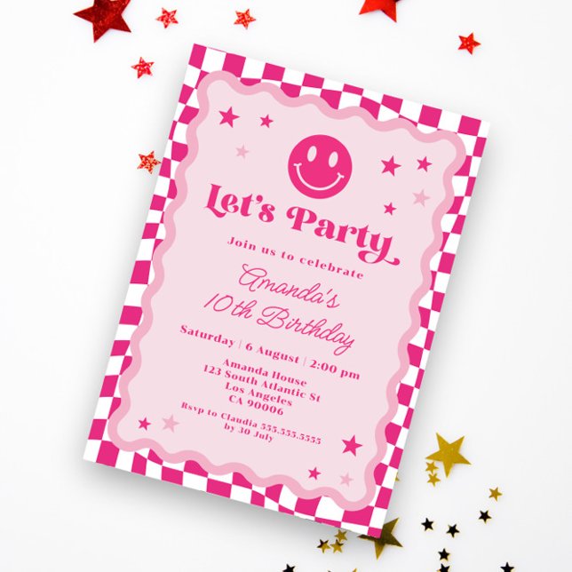 Cute Happy Smile Hot Pink Checkered Girl Birthday Invitation (Creator Uploaded)