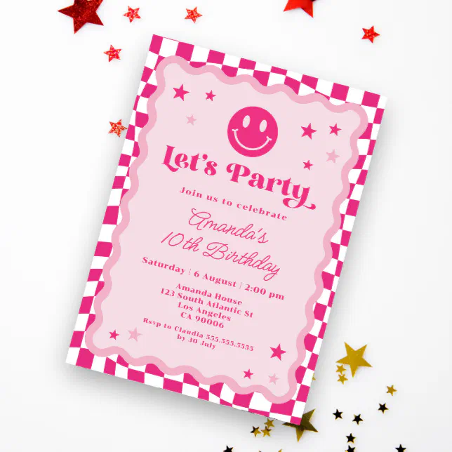 Cute Happy Smile Hot Pink Checkered Girl Birthday Invitation 