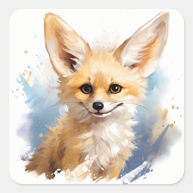 Cute Happy Smiling Brown Fennec Fox Square Sticker (Front)
