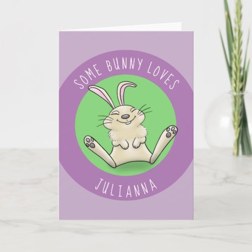 Cute happy smiling bunny purple rabbit cartoon card