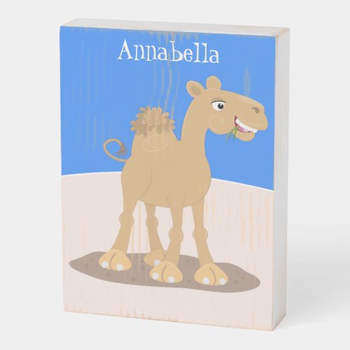 Cute happy smiling camel cartoon illustration wooden box sign