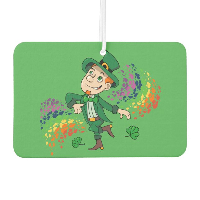 Cute happy smiling dancing leprechaun, a rainbow  air freshener (Front)