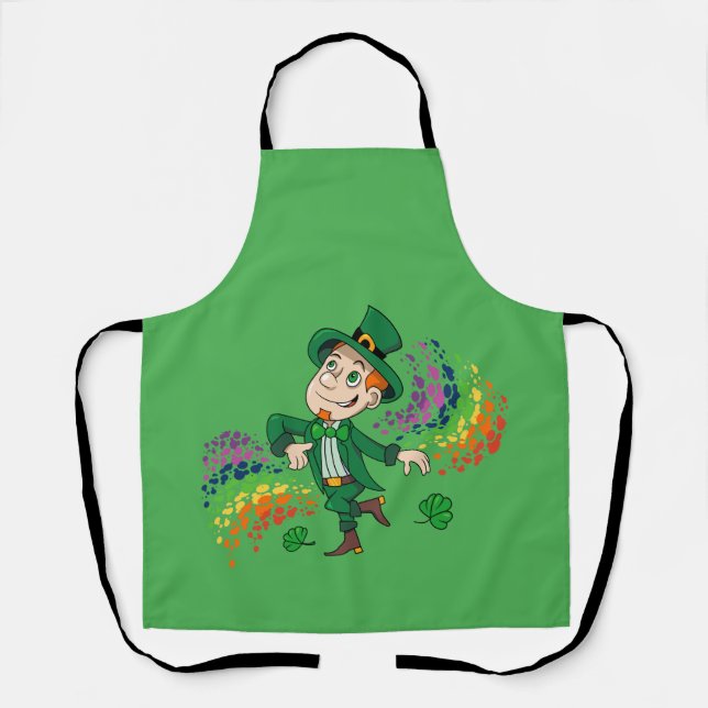 Cute happy smiling dancing leprechaun, a rainbow  apron (Front)