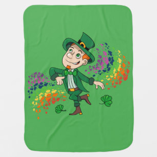 Cute happy smiling dancing leprechaun, a rainbow  baby blanket