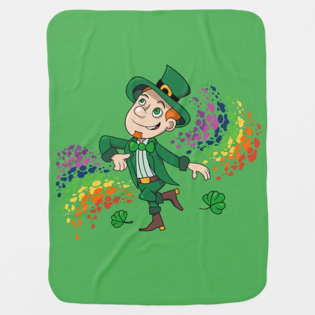Cute happy smiling dancing leprechaun, a rainbow  baby blanket (Front)