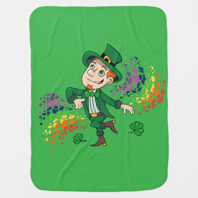 Cute happy smiling dancing leprechaun, a rainbow  baby blanket (Front)