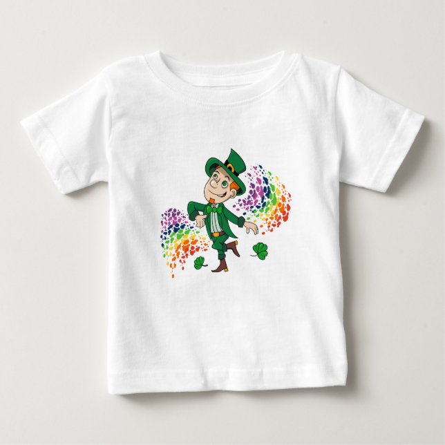 Cute happy smiling dancing leprechaun, a rainbow  baby T-Shirt (Front)