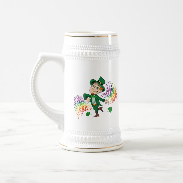 Cute happy smiling dancing leprechaun, a rainbow  beer stein (Left)