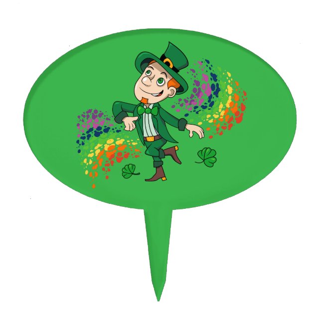 Cute happy smiling dancing leprechaun, a rainbow  cake topper (Front)