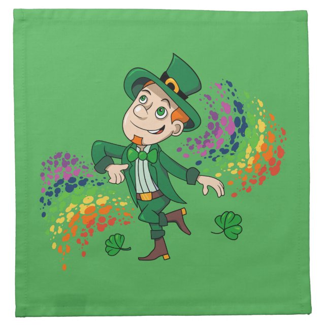 Cute happy smiling dancing leprechaun, a rainbow  cloth napkin (Front)