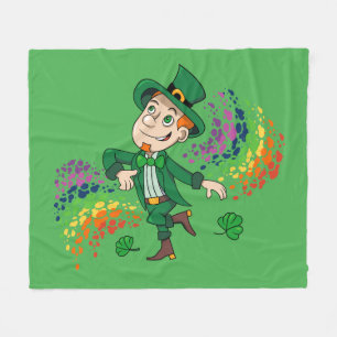 Cute happy smiling dancing leprechaun, a rainbow fleece blanket