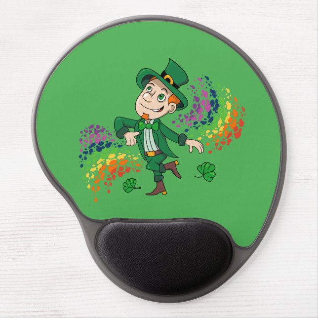 Cute happy smiling dancing leprechaun, a rainbow  gel mouse pad (Front)