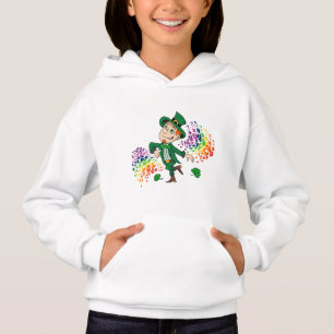 Cute happy smiling dancing leprechaun, a rainbow hoodie