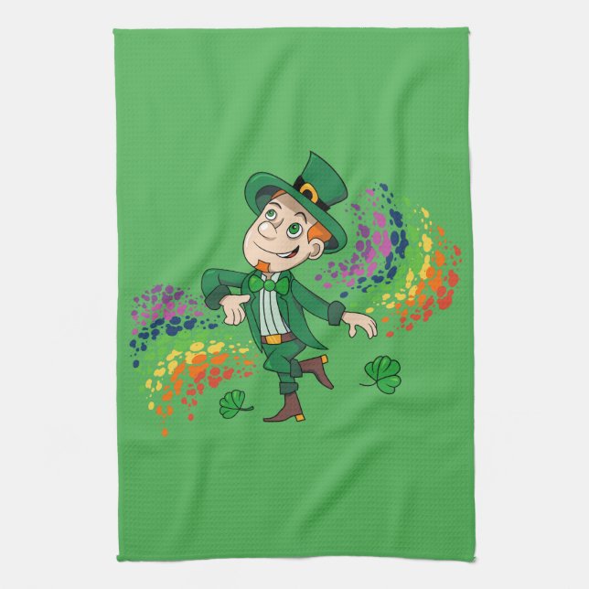 Cute happy smiling dancing leprechaun, a rainbow  kitchen towel (Vertical)