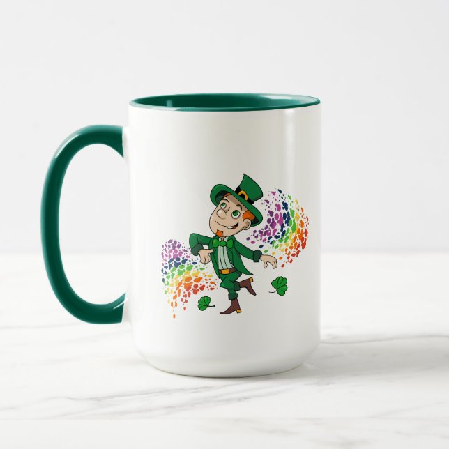 Cute happy smiling dancing leprechaun, a rainbow  mug (Left)