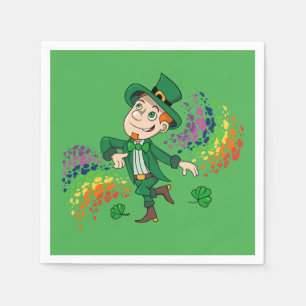 Cute happy smiling dancing leprechaun, a rainbow napkins