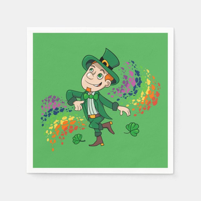 Cute happy smiling dancing leprechaun, a rainbow  napkins (Front)