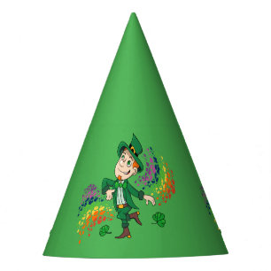 Cute happy smiling dancing leprechaun, a rainbow  party hat