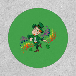 Cute happy smiling dancing leprechaun, a rainbow patch