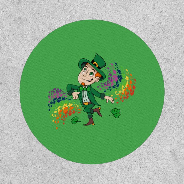 Cute happy smiling dancing leprechaun, a rainbow  patch (Front)