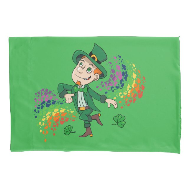 Cute happy smiling dancing leprechaun, a rainbow  pillow case (Front)