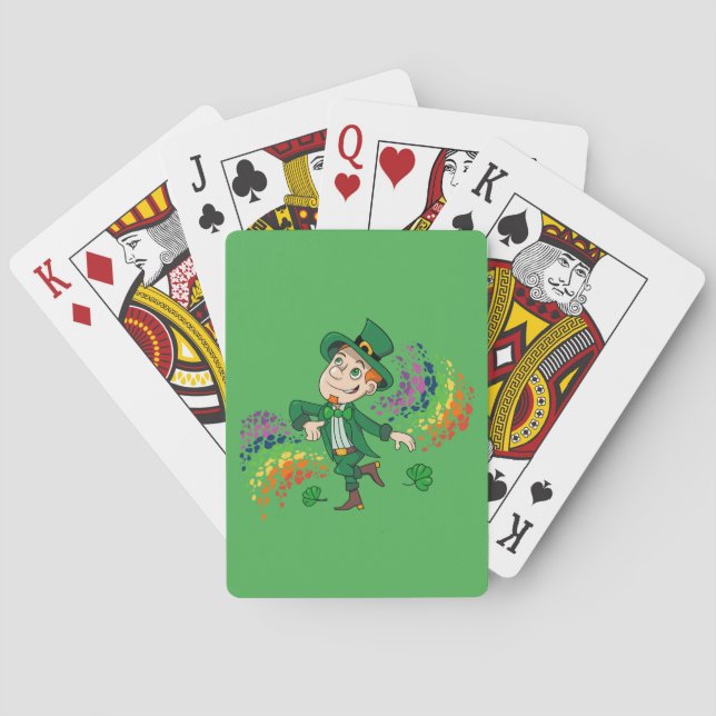 Cute happy smiling dancing leprechaun, a rainbow  poker cards (Back)