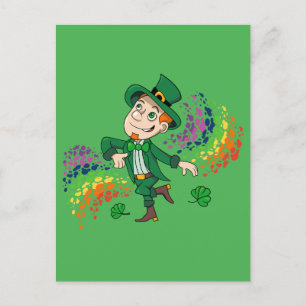 Cute happy smiling dancing leprechaun, a rainbow postcard