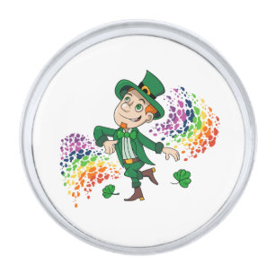 Cute happy smiling dancing leprechaun, a rainbow silver finish lapel pin