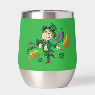Cute happy smiling dancing leprechaun, a rainbow  thermal wine tumbler