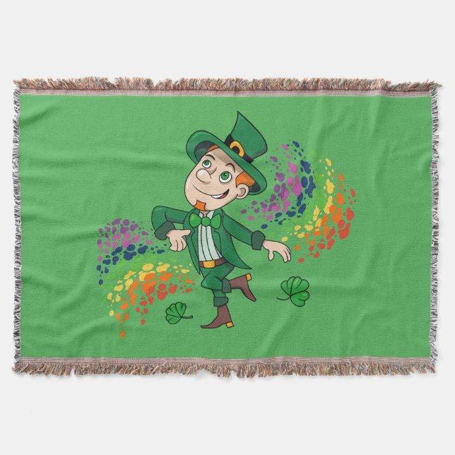 Cute happy smiling dancing leprechaun, a rainbow  throw blanket (Front)