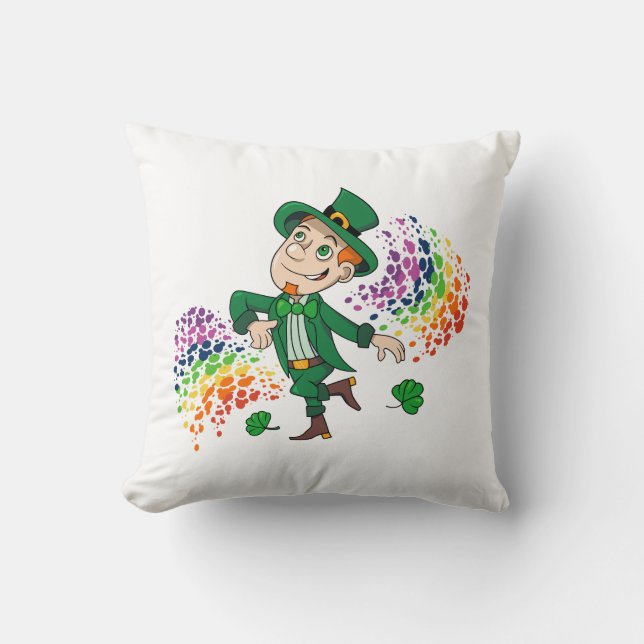 Cute happy smiling dancing leprechaun, a rainbow  throw pillow (Front)