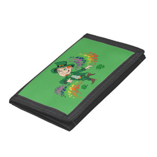 Cute happy smiling dancing leprechaun, a rainbow  tri-fold wallet