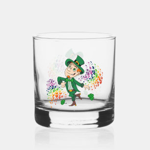 Cute happy smiling dancing leprechaun, a rainbow  whiskey glass