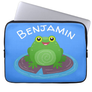 Cute happy smiling green frog cartoon illustration laptop sleeve