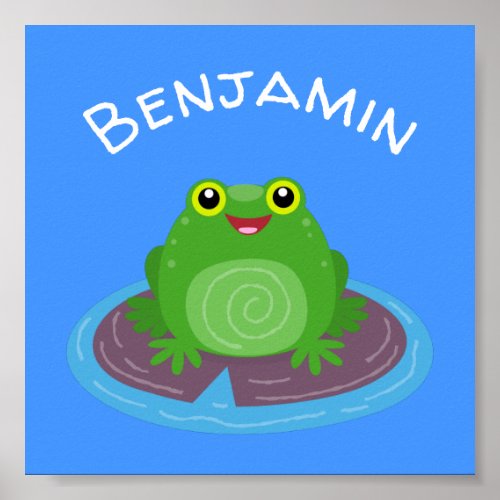 Cute happy smiling green frog cartoon illustration poster