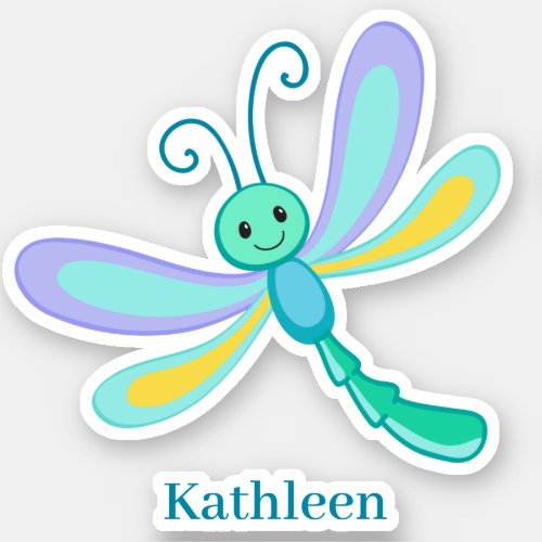 Cute happy smiling green purple teal dragonfly sticker