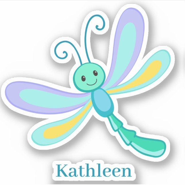 Cute happy smiling green purple teal dragonfly sticker (Front)