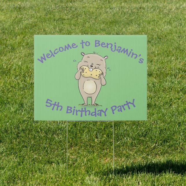 Cute happy smiling hamster peanut birthday cartoon sign (Insitu)