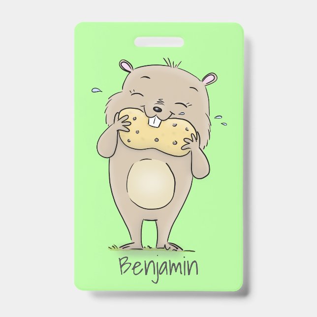 Cute happy smiling hamster with peanut cartoon badge (Front)