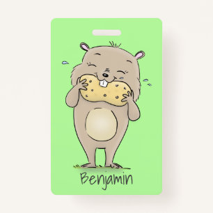 Cute happy smiling hamster with peanut cartoon badge