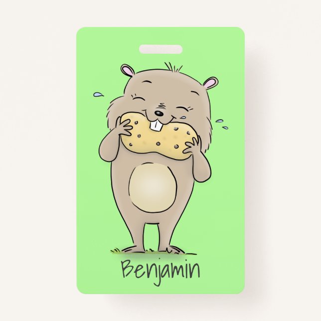 Cute happy smiling hamster with peanut cartoon badge (Front)