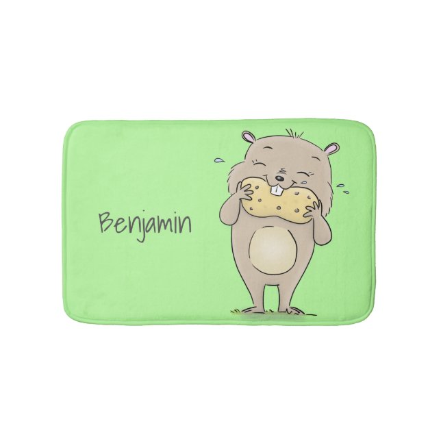 Cute happy smiling hamster with peanut cartoon bath mat (Front)
