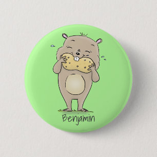 Cute happy smiling hamster with peanut cartoon button