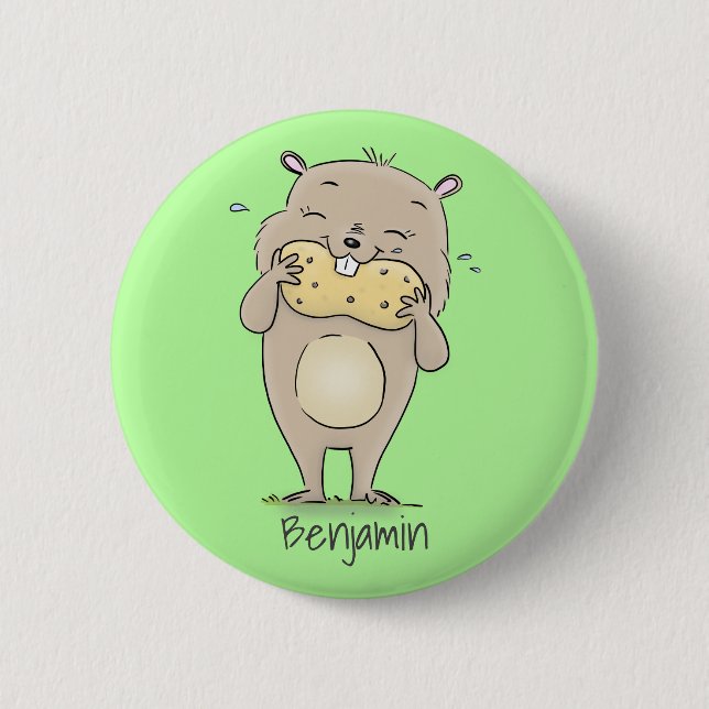 Cute happy smiling hamster with peanut cartoon button (Front)