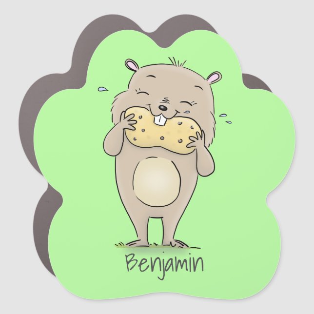 Cute happy smiling hamster with peanut cartoon car magnet (Front)