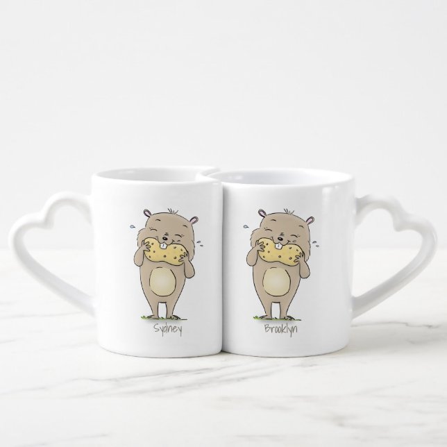 Cute happy smiling hamster with peanut cartoon coffee mug set (Back Nesting)